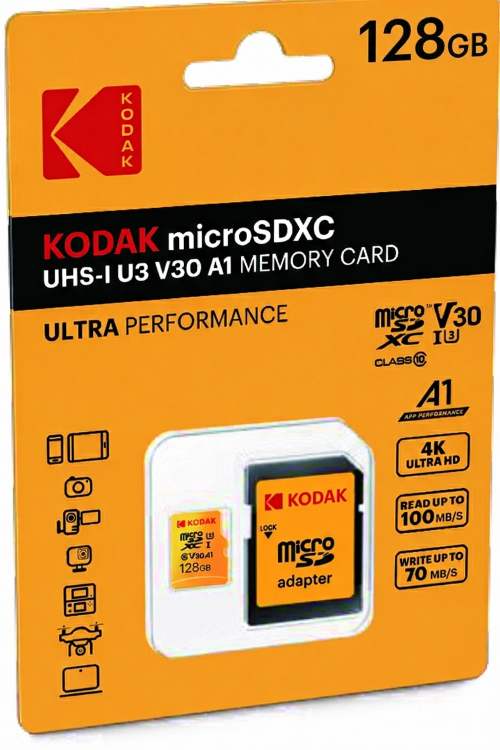 Kodak 128GB UHS-I U3/V30/A1 Micro SD Hafıza Kartı + Adaptör (Sarı)