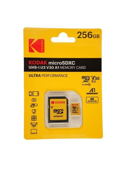 Kodak 256GB UHS-I U3/V30/A1 Micro SD Hafıza Kartı + Adaptör (Sarı)