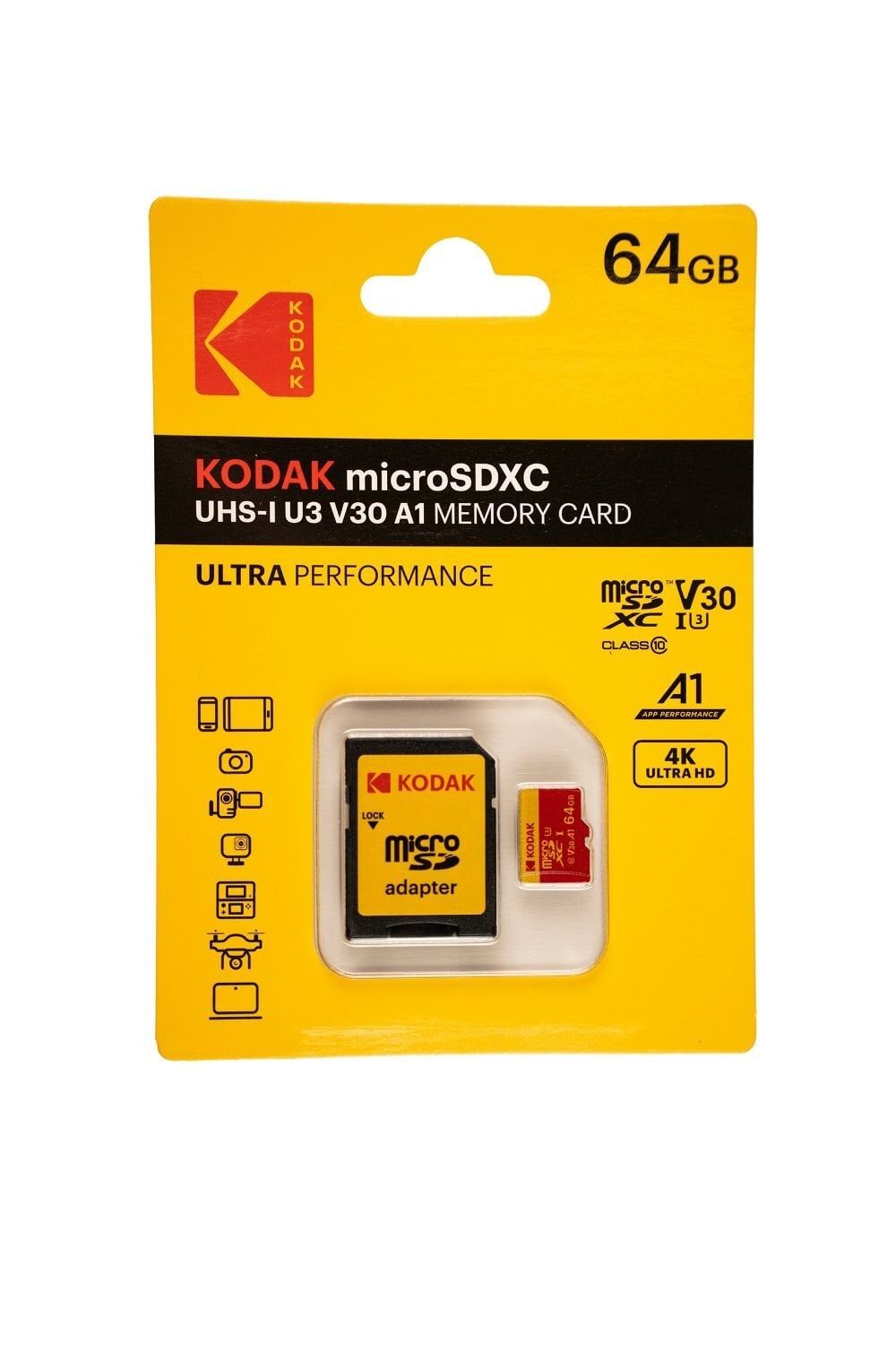Kodak 64GB UHS-I U3/V30/A1 Micro SD Hafıza Kartı + Adaptör (Kırmızı)
