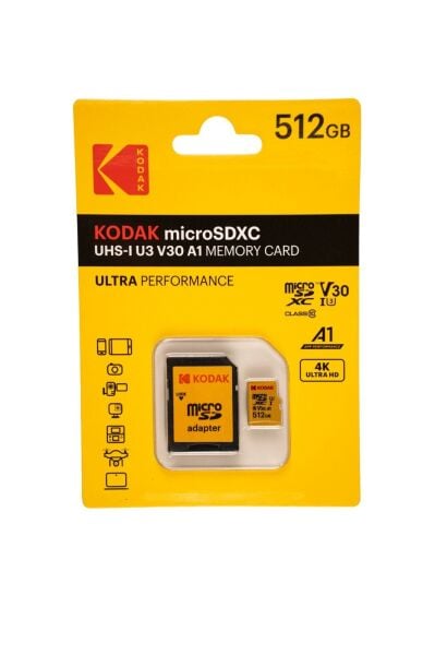 Kodak 512GB Micro SD UHS-I U3/V30/A1 Yellow Kart + Adaptör