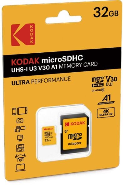 Kodak 32GB UHS-I U3/V30/A1 Micro SD Hafıza Kartı + Adaptör (Sarı)