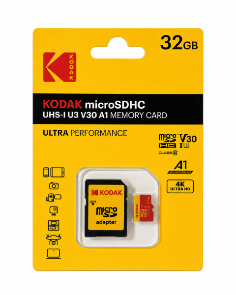 Kodak 32GB UHS-I U3/V30/A1 Micro SD Hafıza Kartı + Adaptör (Kırmızı)