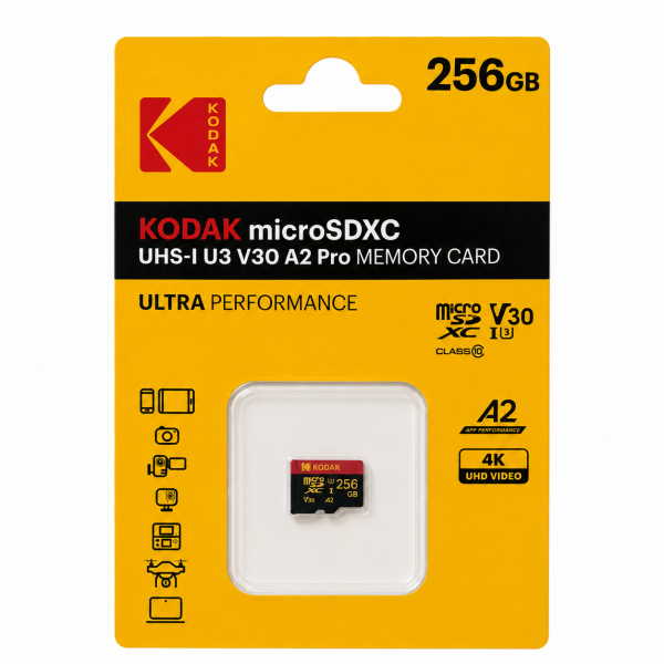 Kodak 256GB UHS-I U3 A2 V30 PRO Micro SD Hafıza Kartı  (Pocket Kameralarla Uyumlu) (160MB/s - 145MB/s)