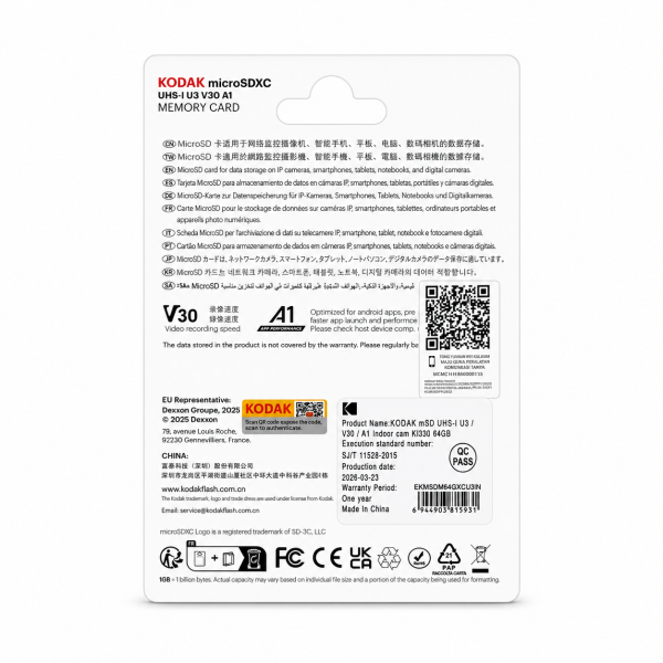 Kodak 64GB UHS-I U3/V30/A1 Güvenlik Kamerası İçin Micro SD Kart KI330