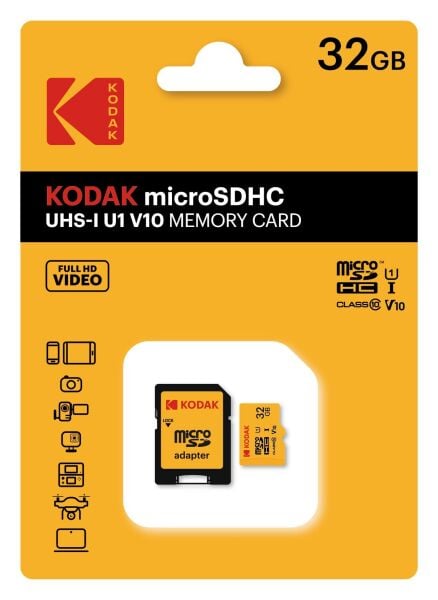 Kodak 32GB UHS-I C10 U1 V10 Micro SD Kart + Adaptör (Sarı)
