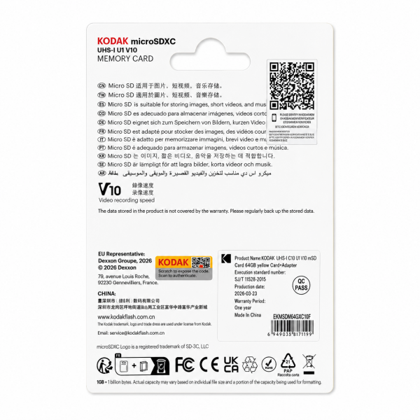 Kodak 64GB UHS-I C10 U1 V10 Micro SD Kart + Adaptör (Sarı)