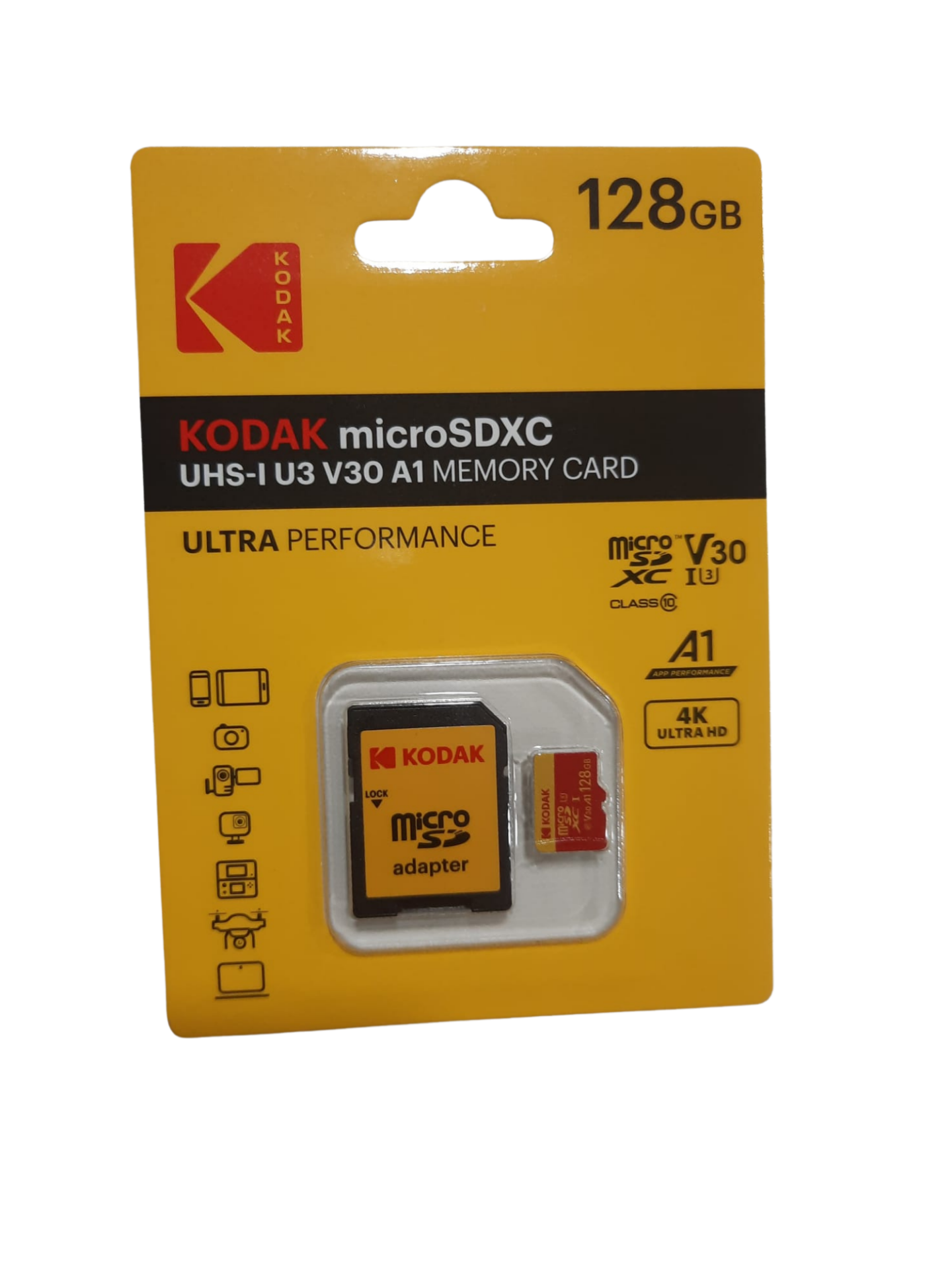 Kodak 128GB UHS-I U3/V30/A1 Micro SD Hafıza Kartı + Adaptör (Kırmızı)