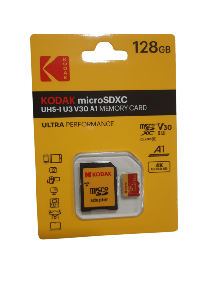 Kodak 128GB UHS-I U3/V30/A1 Micro SD Hafıza Kartı + Adaptör (Kırmızı)