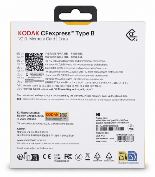 Kodak 512GB CF Express Type B 2.0 Extra Hafıza Kartı (1700MB/s - 1650MB/s)