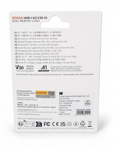 Kodak 64GB UHS-I U3 V30 A1 SD Hafıza Kartı