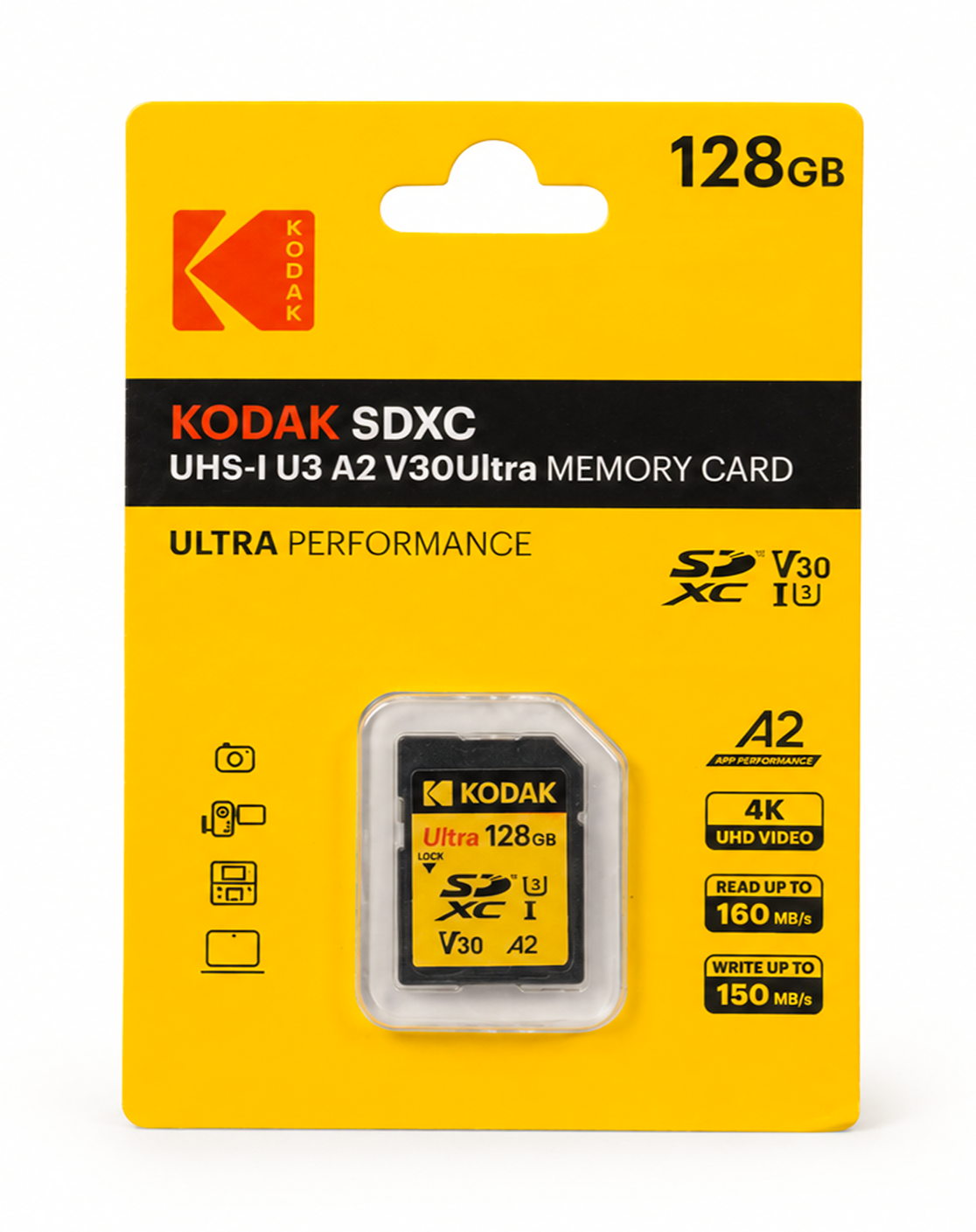 Kodak 128GB UHS-I U3 A2 V30Ultra DDR SD Hafıza Kartı (160MB/s - 150MB/s)