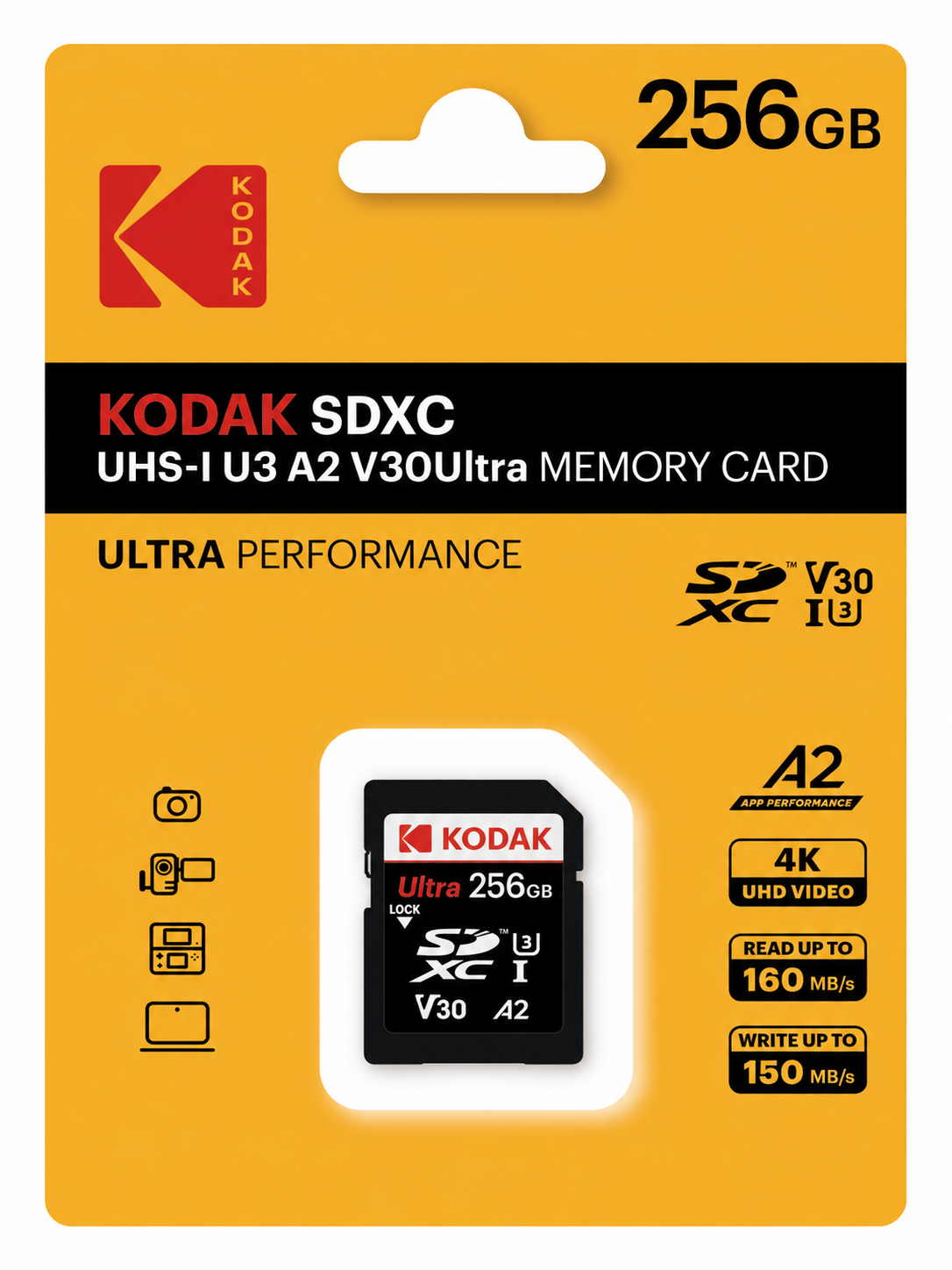 Kodak 256GB UHS-I U3 A2 V30Ultra DDR SD Hafıza Kartı (160MB/s - 150MB/s)