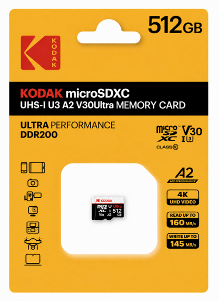 Kodak 512GB UHS-I U3 A2 V30Ultra Micro SD Hafıza Kartı  (Pocket Kameralarla Uyumlu) (160MB/s - 145MB/s)