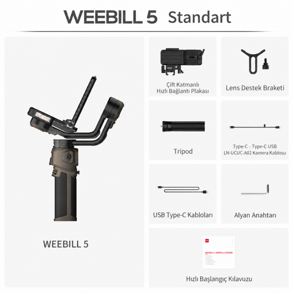 Zhiyun WEEBILL 5 -  3 Eksenli Kamera Gimbalı – AI Takip, Dahili Tutma Kolu ve 3 kg Taşıma Kapasitesi