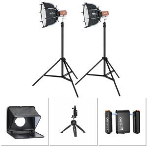 PDX KY-BKO323 İkili Led Işık, Lensgo TC7 Prompter, Lensgo 318C Mini Mikrofon ve Tripod Kit