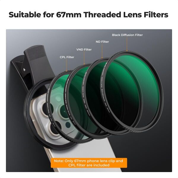 K&F Concept 67mm Klipsli CPL Telefon Kamera Lens Filtre Kiti