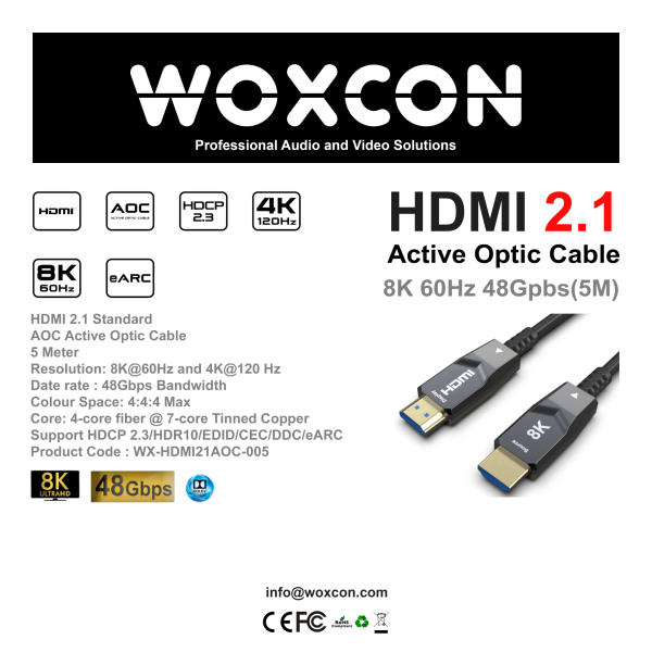 Woxcon 8K @ 60Hz 4:4:4 HDMI2.1 Hybrid AOC Kablo 10 Metre Plug Type: HDMI AM TO HDMI AM 48 Gbps