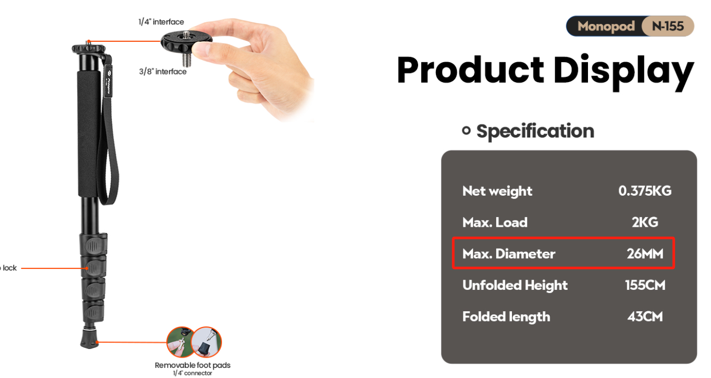 Fotopro N-155 II Kompakt Monopod 155 cm – Ultra Hafif Alüminyum Monopod