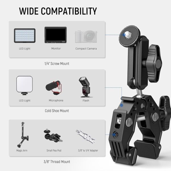 NEEWER ST83 Süper Kelepçe ve 3'' (7,62 cm) Çift Bilyeli Magic Arm Kiti