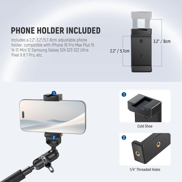 NEEWER UA057 22'' (55 cm) Mafsallı Magic Arm Süper Kelepçe ve Telefon Tutucu Kiti