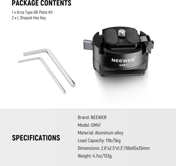 NEEWER GM47 Kamera Quick Release Plate Kiti (Ronin RS & PD Capture Uyumlu, Otomatik Kilit)