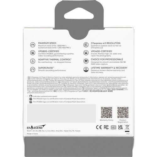 Exascend 256GB Essential Pro Max CFexpress 4.0 Type A Hafıza kartı / 1800 MB/S Okuma Yazma VPG800